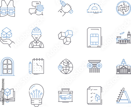 Engineering and design outline icons collection. Engineering, Design, Technical, CAD, Innovate, Create, Develop vector and illustration concept set. Construct, Plan, Manufacture linear signs