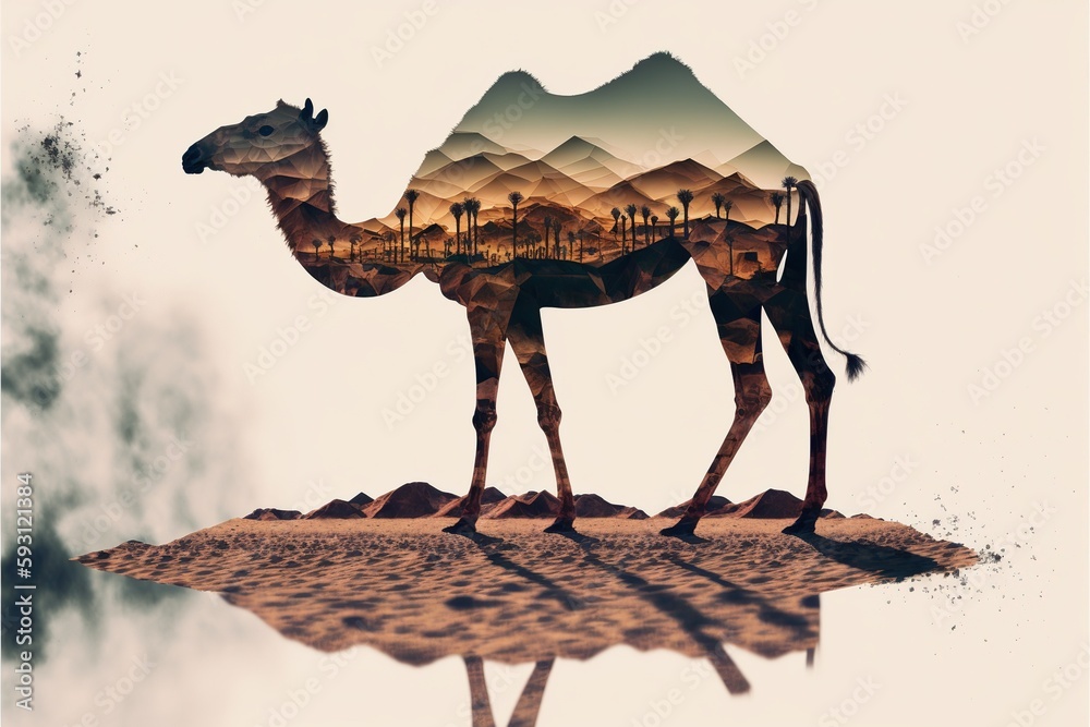 Camel abstract artwork in double exposure of sahara desert, animal art with sand landscape as dromedary with nature background concept. Superb Generative AI. - obrazy, fototapety, plakaty 
