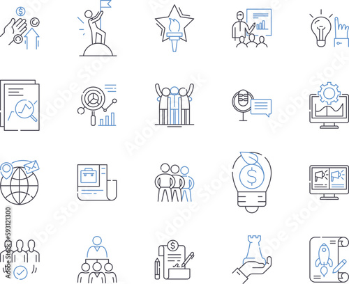 Business metrics outline icons collection. Revenue, Profit, Cost, Efficiency, Demand, Quality, Pricing vector and illustration concept set. Production, Performance, Volume linear signs