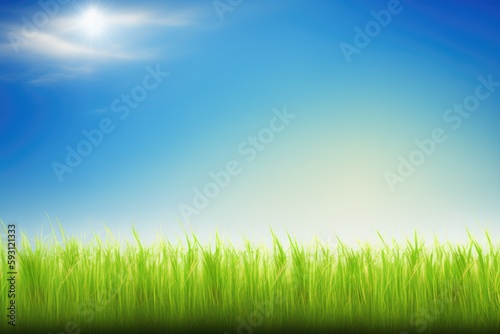 Fresh green grass and a blue sky in a spring or summer background with copy space. Generative AI