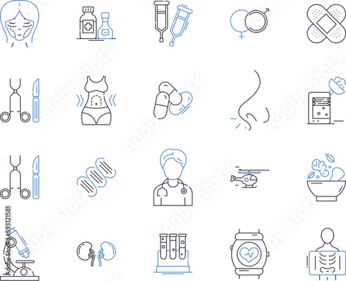Health examination outline icons collection. Checkup, Assessment, Clinical, Diagnosis, Screening, Medical, Examination vector and illustration concept set. Tests, Laboratory, Ultrasound linear signs