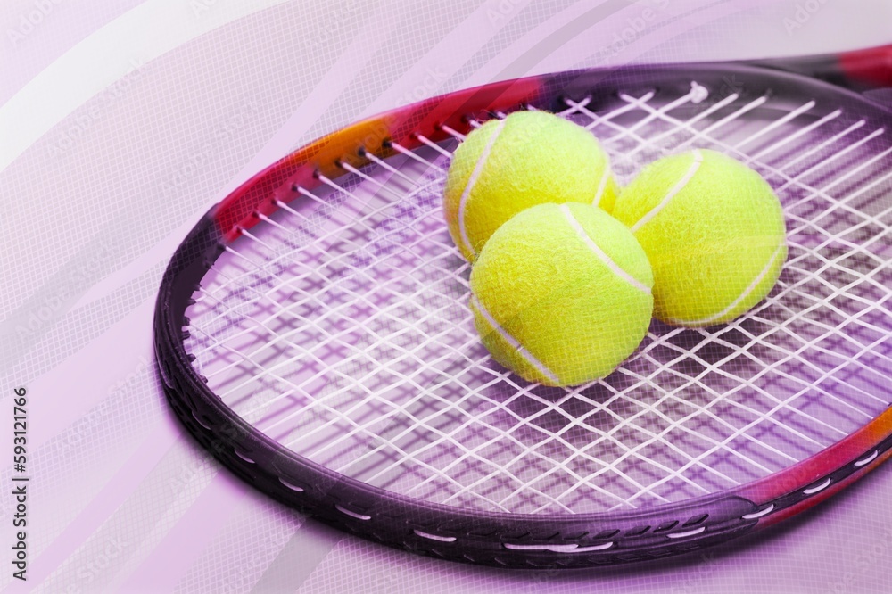 Sport tennis racket with ball on colors background.