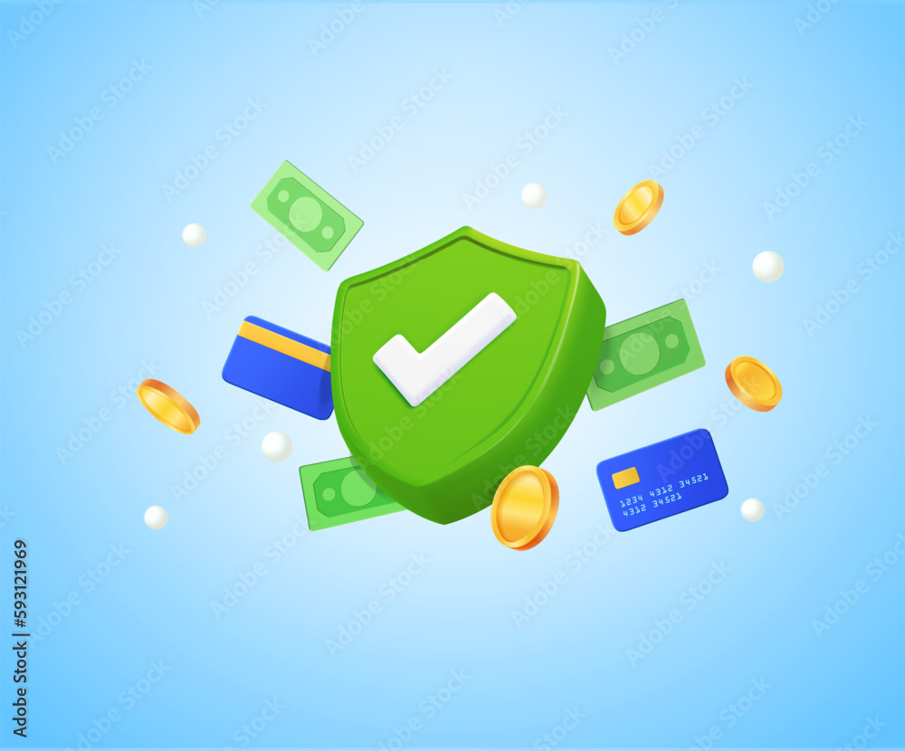 3d green check mark with banking debit credit cards and coins ...