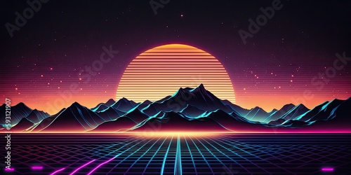 Retro 80s science fiction background futuristic landscape with a laser grid. Illustration of a digital cyber surface from the 1980s. As a banner. Generative AI