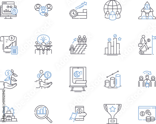 Work efficiency outline icons collection. Productivity, Effectiveness, Proficiency, Quickness, Speed, Dynamism, Skillfulness vector and illustration concept set. Preciseness, Competence, Systematic