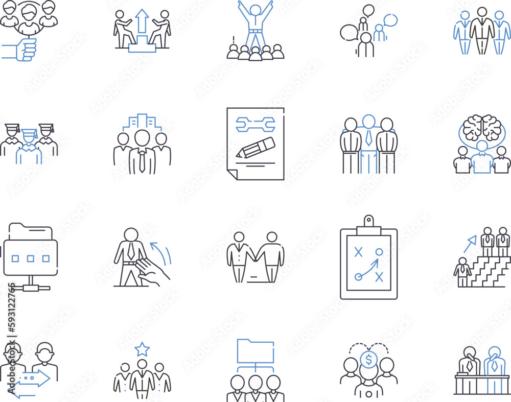 Team work outline icons collection. Collaboration, Cooperation, Unison, Combine, Alliance, Synergy, Interdependence vector and illustration concept set. Congregate, Guild, Unity linear signs