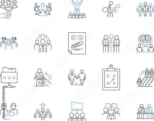 Team work outline icons collection. Collaboration, Cooperation, Unison, Combine, Alliance, Synergy, Interdependence vector and illustration concept set. Congregate, Guild, Unity linear signs