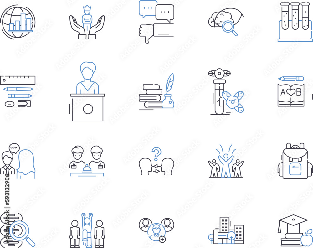 Educational process outline icons collection. Learning, Teaching, Assessing, Training, Studying, Instructing, Educating vector and illustration concept set. Coaching, Exploration, Analysis linear