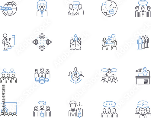 Public relations agency outline icons collection. Public, Relations, Agency, PR, PR Agency, Communications, Branding vector and illustration concept set. Promotion, Strategy, Media linear signs