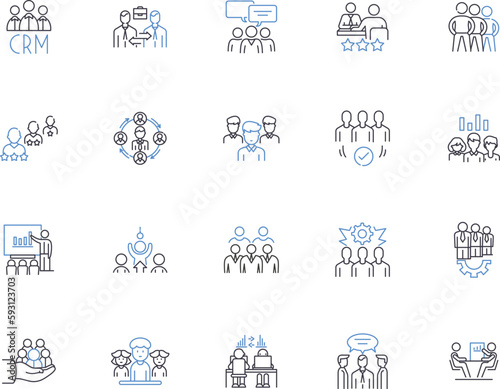 Meeting outline icons collection. Conclave, Conference, Forum, Gathering, Dialogue, Symposium, Rendezvous vector and illustration concept set. Assemblage, Caucus, Colloquy linear signs
