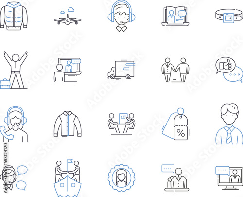 Apparel clothing outline icons collection. Clothes, Garments, Fashion, Attire, Wear, Outerwear, Shoes vector and illustration concept set. Apparel, Denim, Suit linear signs