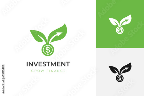 money grow investment logo design combined money leaf, arrow vector icon illustration for finance, economy grow up logo