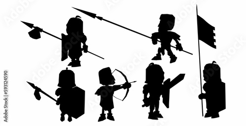 vector silhouette of a knight carrying an arrow, sword, shield and flag, vector illustration of a warrior