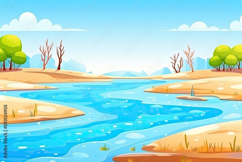 serene river flowing through a barren and arid landscape. Generative AI