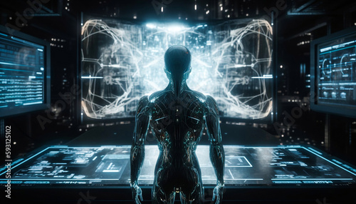 An AI human robot standing in front of a massive data. AI generative and information technology