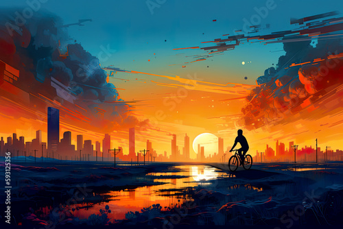 Cyclist riding bicycle at sunset in city, AI generative art illustration