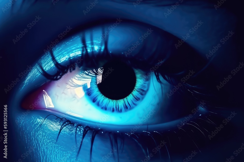 close-up view of a blue human eye with intricate details. Generative AI