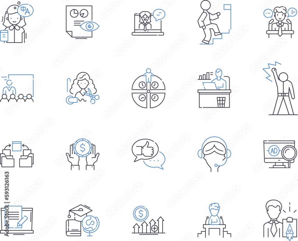 Employee effectiveness outline icons collection. Productivity, Efficiency, Performance, Quality, Output, KPI, Skilled vector and illustration concept set. Motivation, Reliability, Accuracy linear