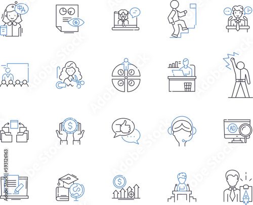 Employee effectiveness outline icons collection. Productivity, Efficiency, Performance, Quality, Output, KPI, Skilled vector and illustration concept set. Motivation, Reliability, Accuracy linear