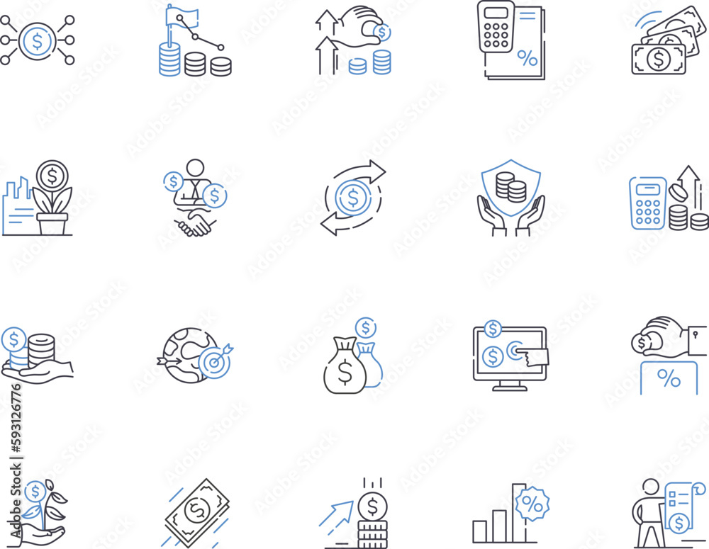 Investment management outline icons collection. Invest, Management, Funds, Portfolio, Equity, Return, Savings vector and illustration concept set. Risk, Financial, Investment linear signs