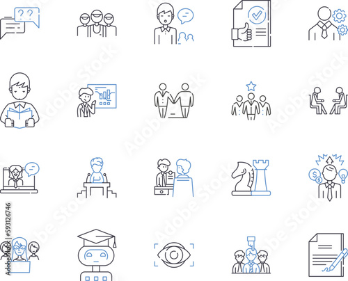 Human resources management outline icons collection. Human, Resources, Management, Recruitment, Hiring, Training, Development vector and illustration concept set. Performance, Analysis, Employee