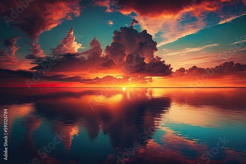 Dusk Sky background with Sunset Horizon Sky over Sea and Romantic Colorful Orange Sunlight Cloud. Generative AI © Vusal
