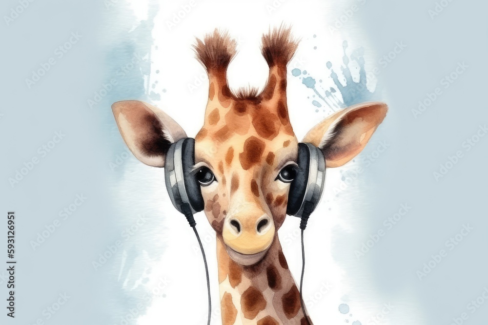 giraffe wearing headphones. Generative AI Stock Illustration