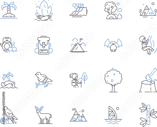 Outdoor trip outline icons collection. Hiking, Trekking, Camping, Climbing, Backpacking, Kayaking, Abseiling vector and illustration concept set. Canoeing, Rafting, Canyoning linear signs