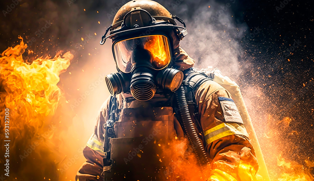 Fireman using water and extinguisher to fighting with fire flame wearing suit for safety, generative ai. Fireman using water and extinguisher to fighting with fire flame wearing suit for safety, generative ai.
