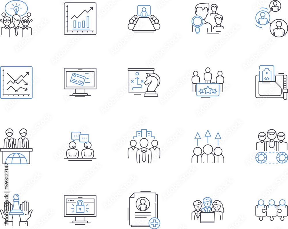 Business conference outline icons collection. Business, conference, seminar, symposium, forum, presentation, workshop vector and illustration concept set. trade, summit, expo linear signs