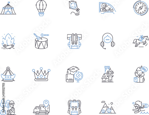 Adventure outline icons collection. Exploration, Trekking, Hiking, Backpacking, Mountaineering, Climbing, Camping vector and illustration concept set. Kayaking, Rafting, Canoeing linear signs