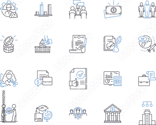 Business and professions outline icons collection. Management, Entrepreneur, Lawyer, Accountant, Engineer, Consultant, Analyst vector and illustration concept set. Consultancy, Broker, Banking linear