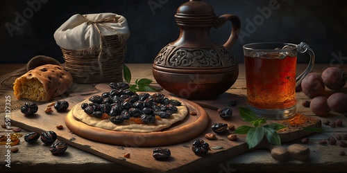 After the iftar meal, there will be Ramadan bread, water, and sweet dried dates, apricots, and black olives on a wooden board. meal that comes before the main course. Generative AI