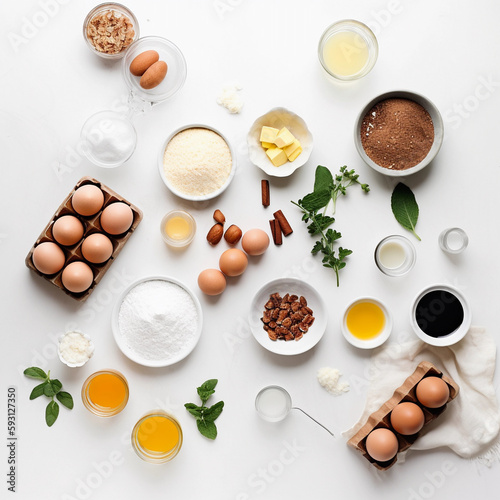 Various ingredients placed on a white surface, knolling