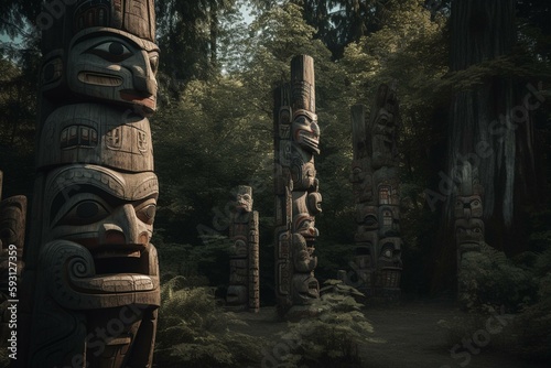 Totems in Stanley Park. Vancouver, British Columbia - Canada. Generative AI