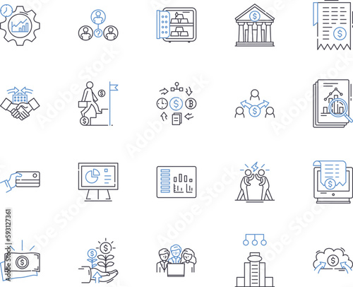 Bank and financial strategy outline icons collection. Banking, Finance, Strategy, Planning, Investing, Risk, Asset vector and illustration concept set. Funds,Management,Securities linear signs