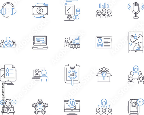 Business community outline icons collection. Business, Community, Network, Entrepreneur, Collabroation, Partners, Clients vector and illustration concept set. Resources, Connections, Alliance linear