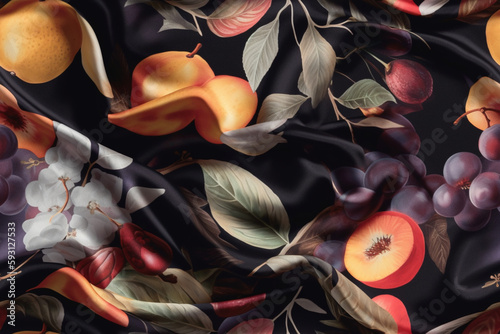 Luxury fruit themed style silk fabric, elegant seamless pattern, realistic light and shadow background, photorealistic wallpaper, generative ai