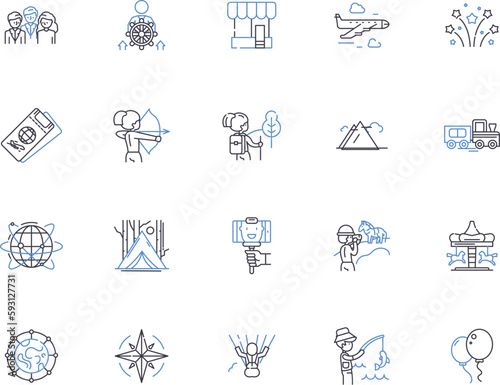 Adventure outline icons collection. Exploration, Trekking, Hiking, Backpacking, Mountaineering, Climbing, Camping vector and illustration concept set. Kayaking, Rafting, Canoeing linear signs