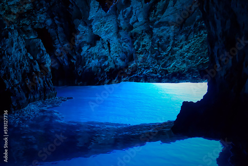 inside of blue lagoon cave. famous Blue Cave in Croatia, Bisevo Island Blue Grotto on Dalmatian Coast. photo