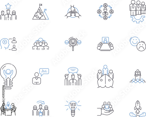 Company outline icons collection. Firm, Corporation, Conglomerate, Enterprise, Business, Organization, Entity vector and illustration concept set. Firm, Entity, Group linear signs