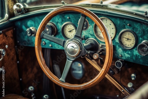 a close-up of an automobile's turquoise interior and steering wheel. Generative AI