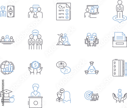 Mentorship and coaching outline icons collection. Mentorship, Coaching, Guidance, Development, Support, Training, Education vector and illustration concept set. Advice, Encouragement, Relationship