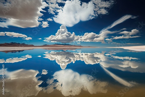 Beautiful cloud and blue sky reflection in a mirror on salt flats. Reflections of clouds and emptiness in water Horizontal. Generative AI