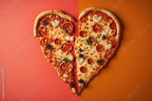 Pizza heart shaped and on red background . Concept of romantic love for Valentines Day . Generative AI