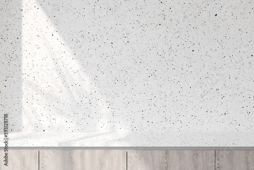3D rendering   empty space of  low cabinet with white terrazzo