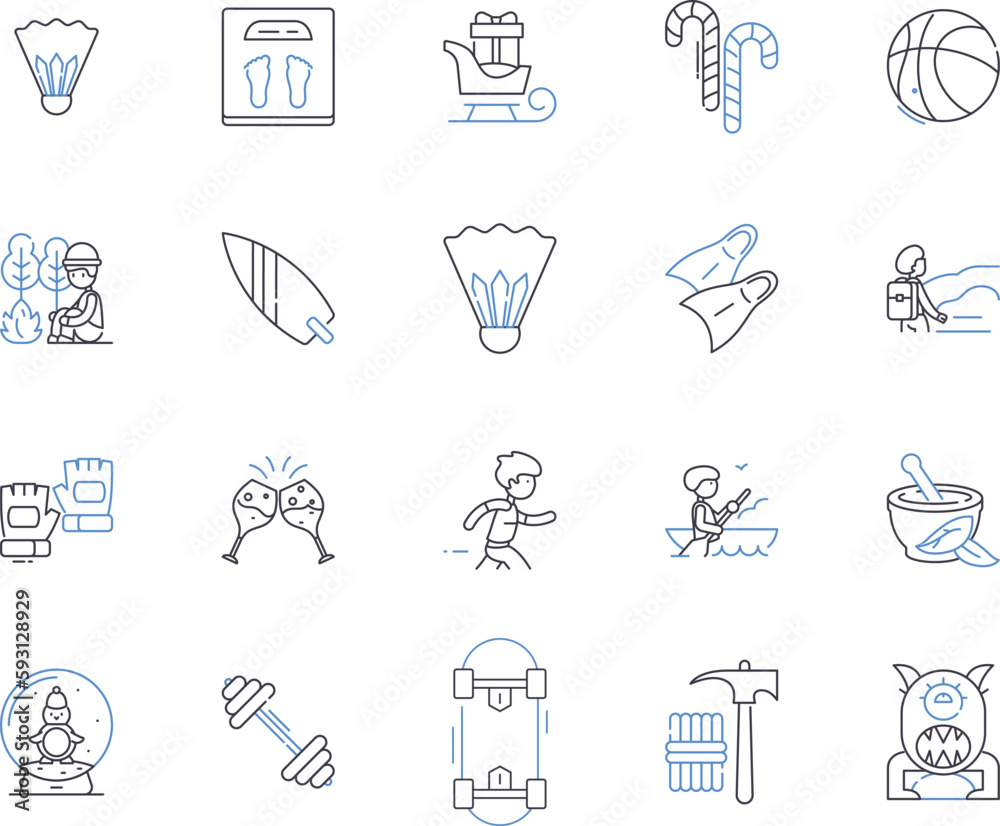 Weekends and sport outline icons collection. Weekend, Sport, Recreation, Leisure, Play, Games, Athletics vector and illustration concept set. Activities, Outdoors, Hunt linear signs