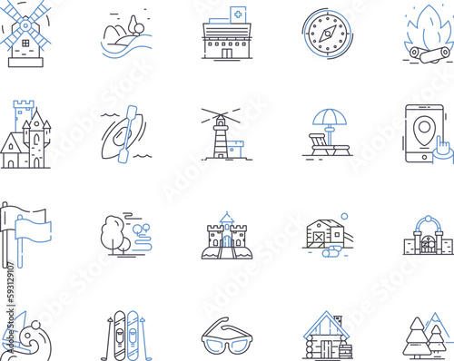 Holiday company outline icons collection. Vacation, Tour, Travel, Holiday, Trip, Package, Resort vector and illustration concept set. Offers, Getaway, Adventure linear signs