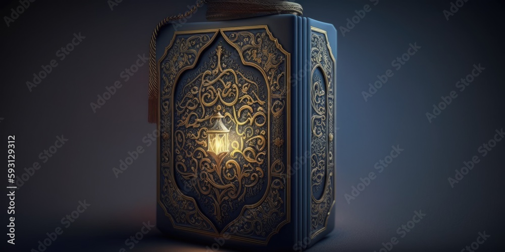 Φωτογραφία The holy book of Muslims, the Kuran or Quran, is illuminated by a lantern on a dark blue background