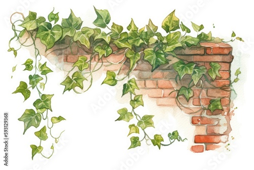 Hand-drawn watercolor image of an ivy branch with green leaves against a brick wall. Generative AI